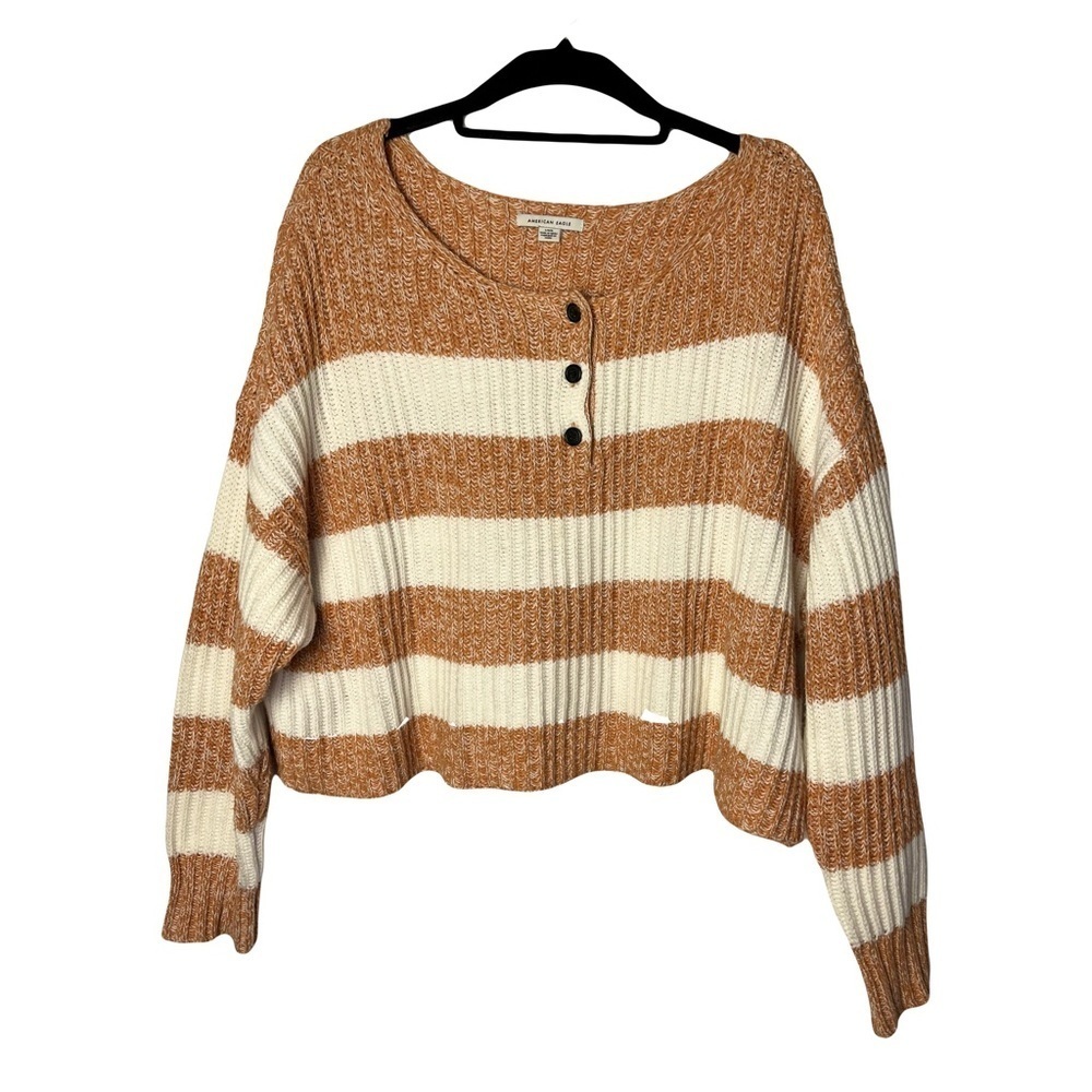 American Eagle | Tan Striped Henley Slouchy Cropped Sweater, Large